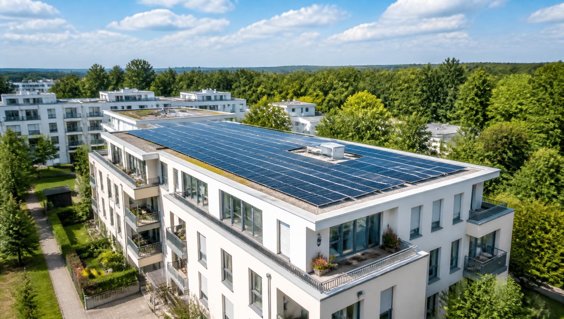 Luftaufnahme eines Mehrfamilienhauses mit Photovoltaikanlage auf dem Dach