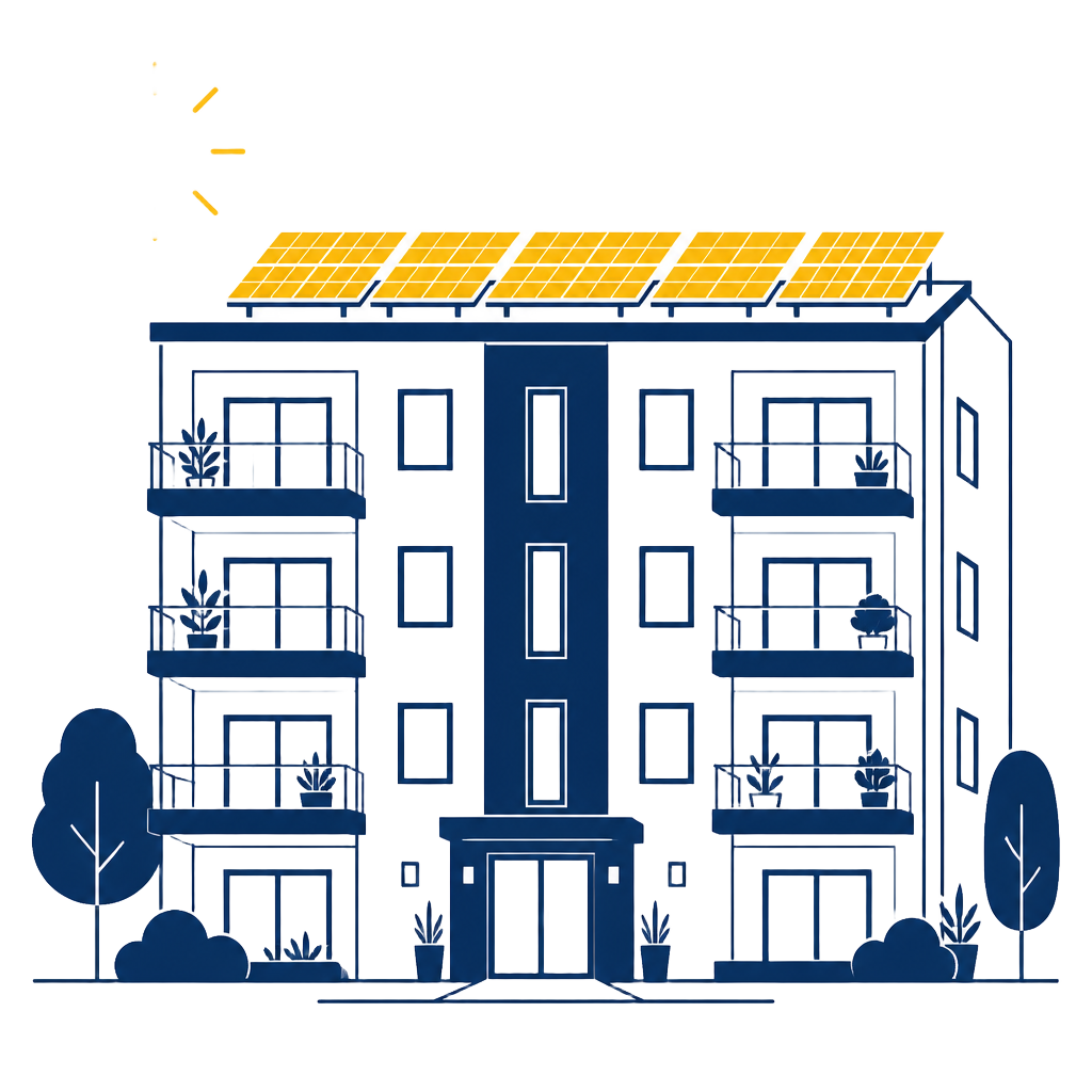 Illustration: Mehrfamilienhaus mit Photovoltaikanlage, Energiefluss zu Bewohnern und Eigentümern